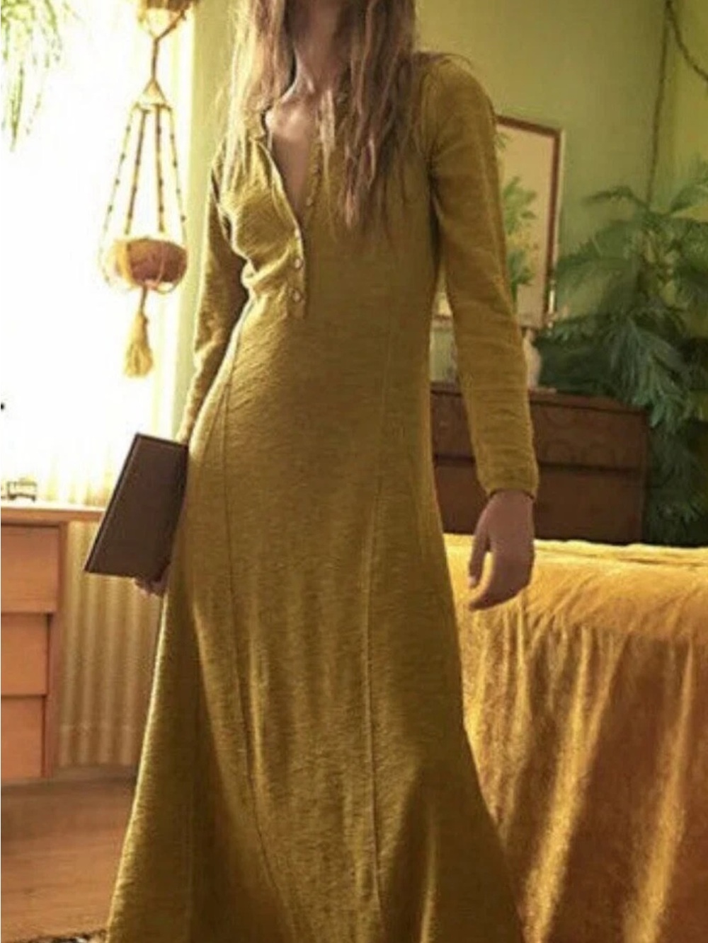 Free People Mustard Long Sleeve Maxi Henley Dress